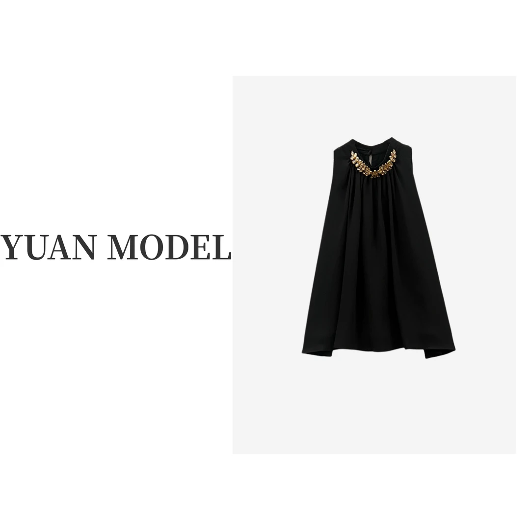 【YUAN MODEL】媛老板-钉珠挂脖时装无袖轻奢衬衫上衣新款041981