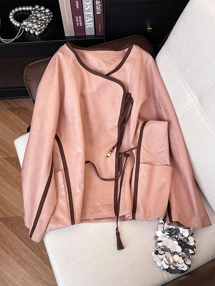 新中式国风温柔拼接撞色上衣女2025秋冬新款气质显瘦流苏系带外套