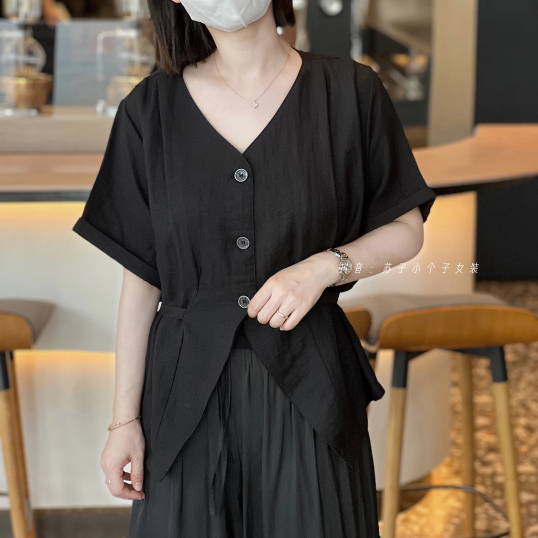苏子自制【亚麻绑带衬衫】夏季法式气质设计感系带v领收腰显瘦小衫