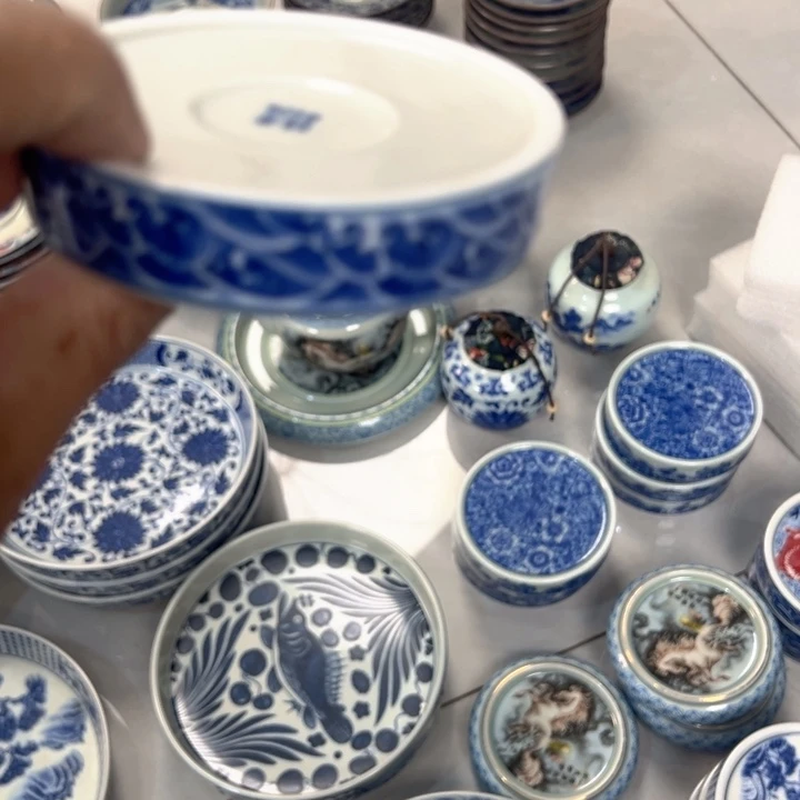 竹***风瓷片白青花双龙戏珠实心盖置