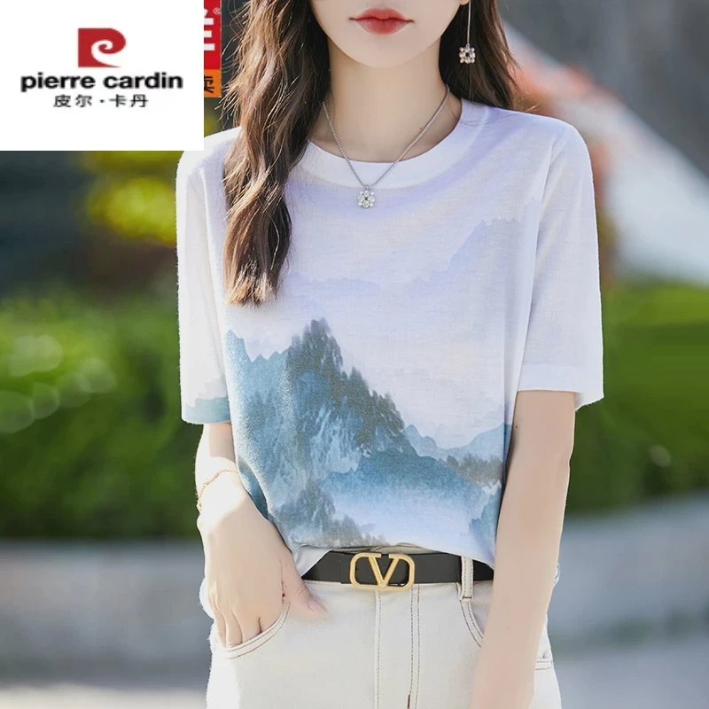 皮尔卡丹圆领桑蚕丝针织短袖女2025夏季新款宽松百搭印花打底衫上