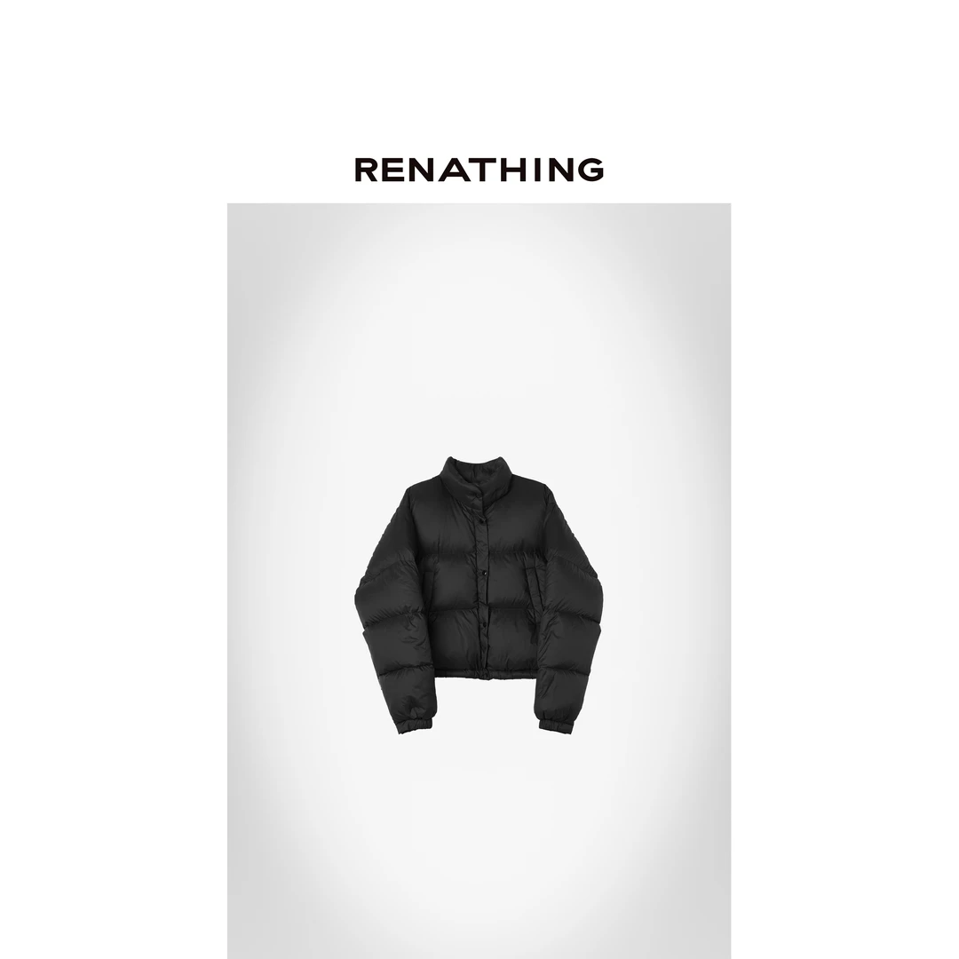 【RENATHING】黑色立领抽绳短款拉链羽绒服