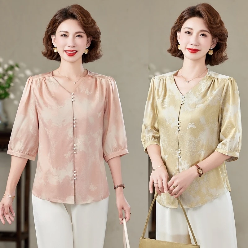 中年妈妈春装雪纺上衣衬衫新款年轻2025夏季中袖衬衣50岁女装小衫