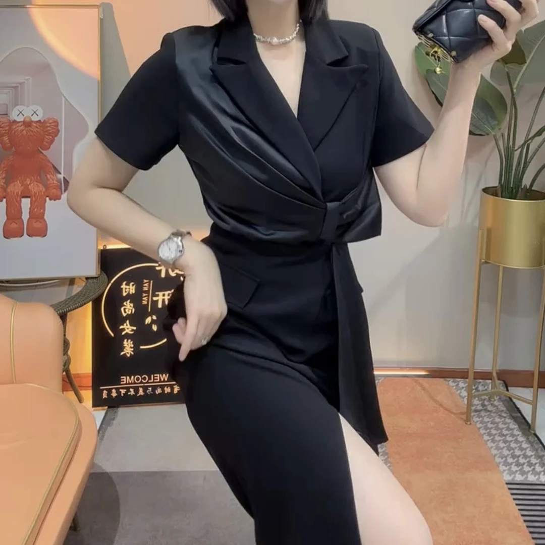 新款短袖西服开衩蝴蝶结连衣裙