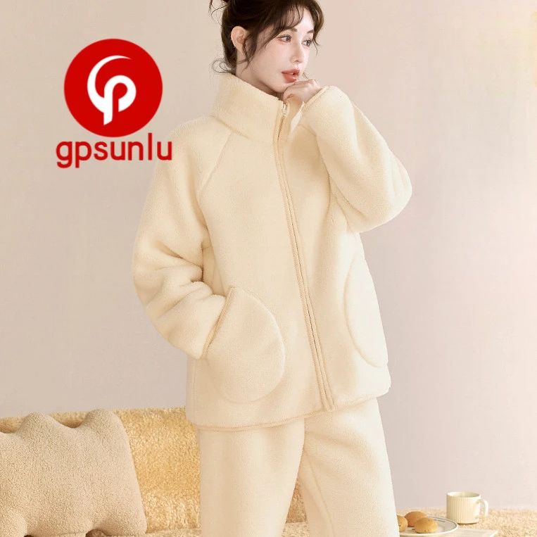 gpsunlu加厚秋冬天睡衣女士可外穿暖绒保暖法兰绒家居服宽松大码