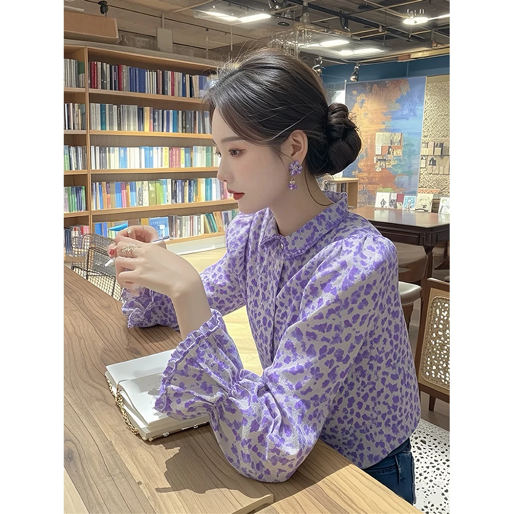 2025春季新款漂亮小衫紫色泡泡袖碎花衬衫女士高级感轻奢减龄洋气