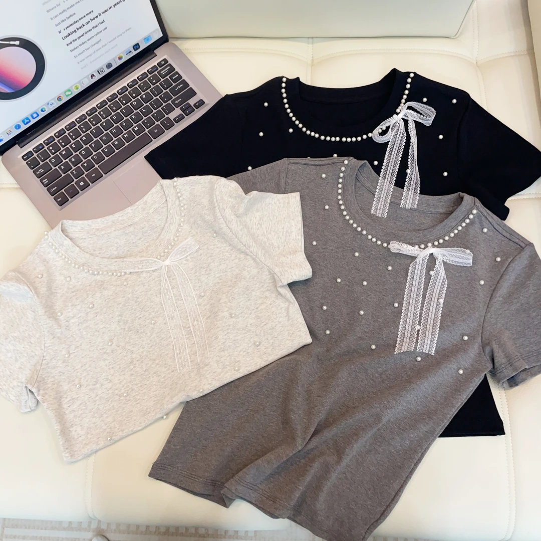 【钉珠蝴蝶】钉珠蝴蝶结T恤短袖褶皱短款甜美风修身女装上衣