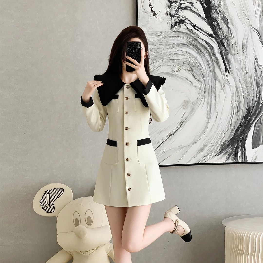 小香风时尚短款连衣裙女秋冬长袖海军领通勤法式气质a字裙小个子