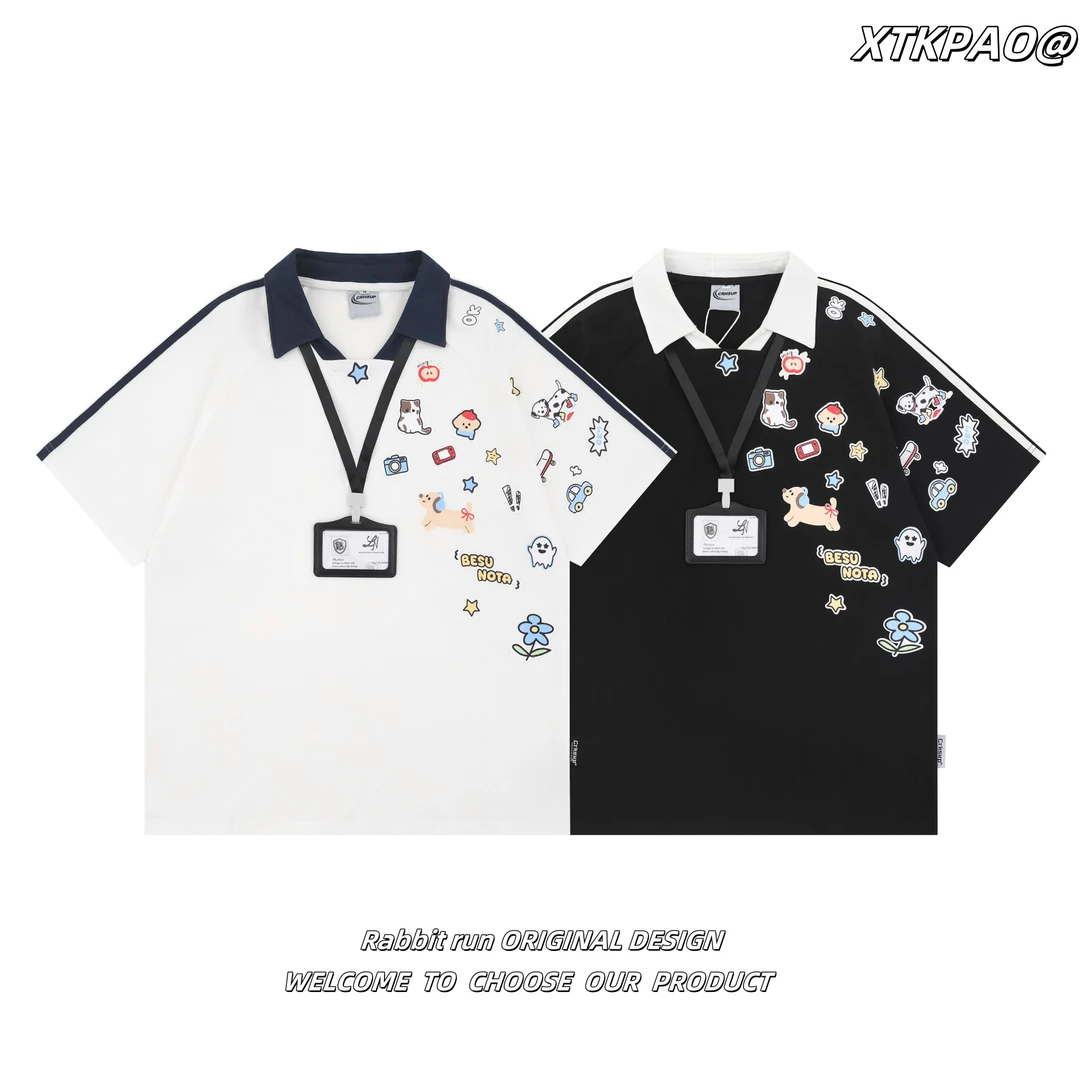 亿万少年原创学院风卡通涂鸦印花Polo衫T恤女ins夏季宽松情侣半袖