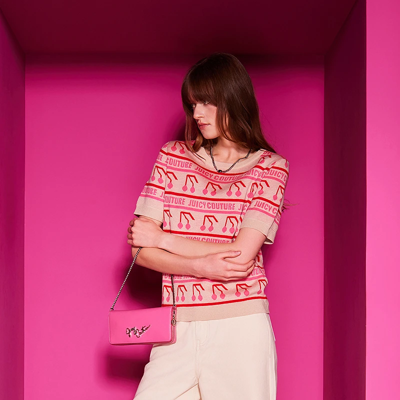 Juicy Couture橘滋2025甜美樱桃少女感撞色提花短袖针织衫女