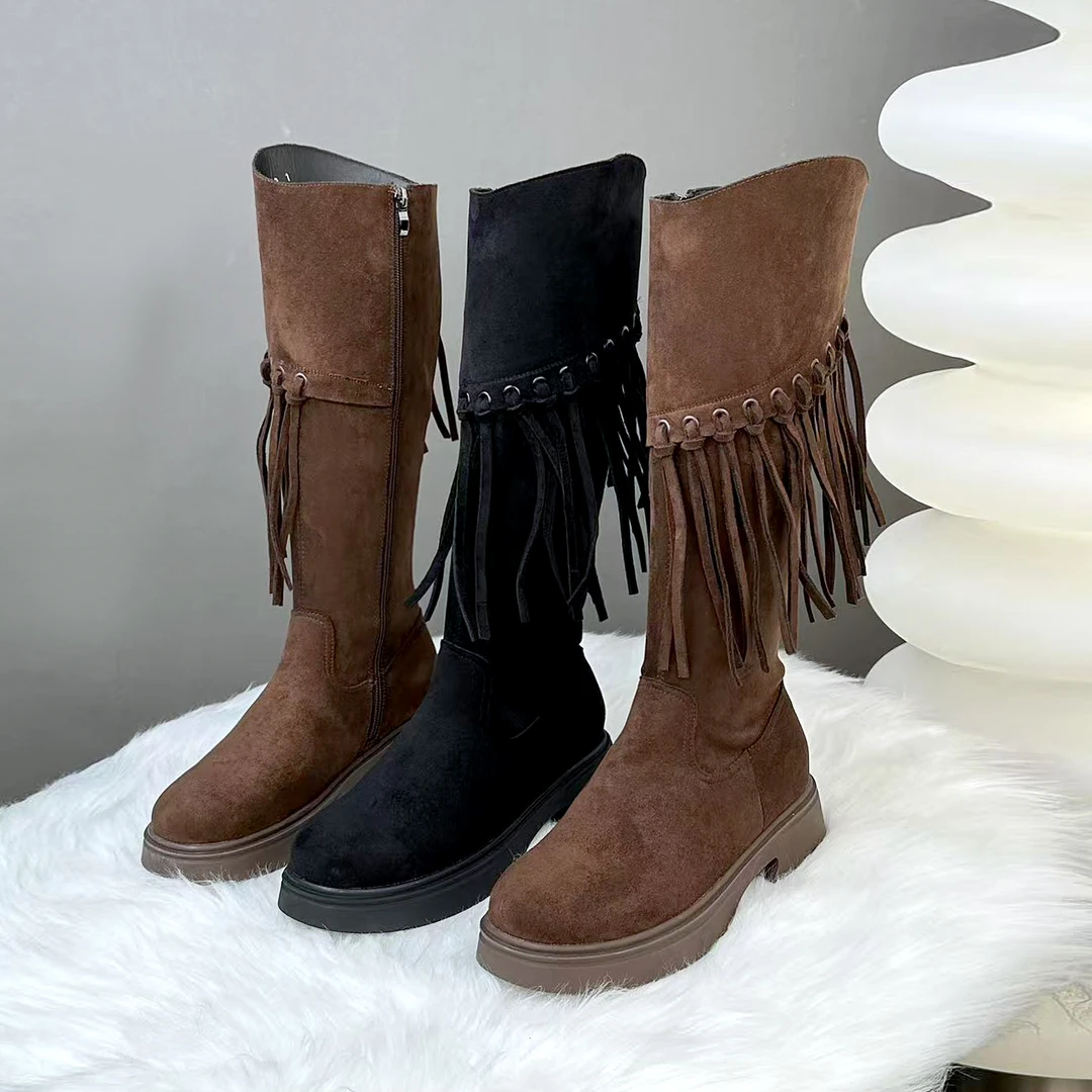 复古流苏骑士长筒靴女2025年秋冬新款时装显瘦软底加绒保暖马丁靴
