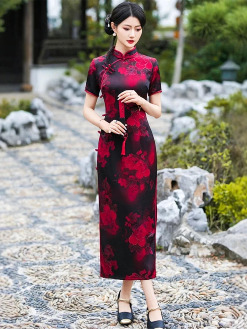 8875-复古新中式旗袍2025新款高端修身长款演出服中国风晚礼服女