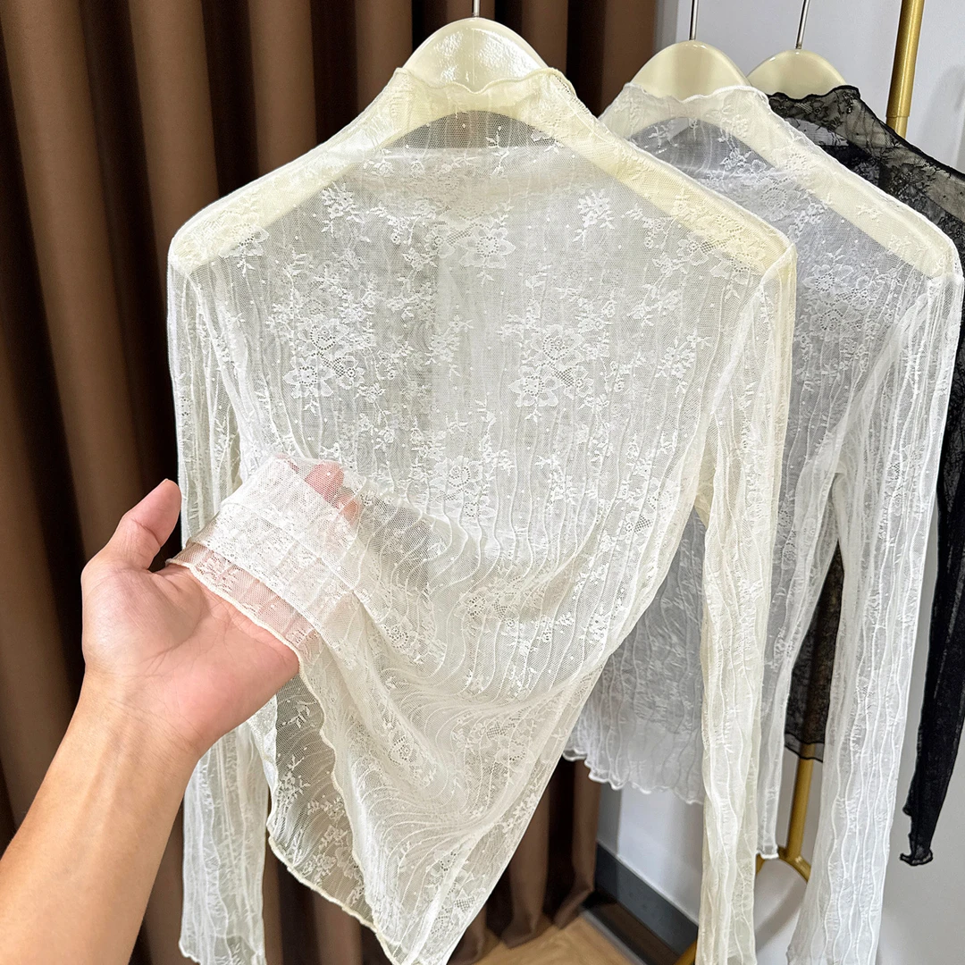 薄款蕾丝内搭长袖透视修身上衣女2025年秋季半高领小衫透视打底衫