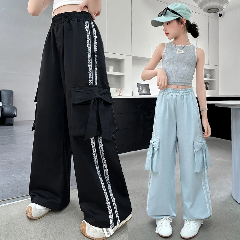 女童工装裤夏季新款裤子洋气儿童薄款花边阔腿裤中大童宽松防晒裤