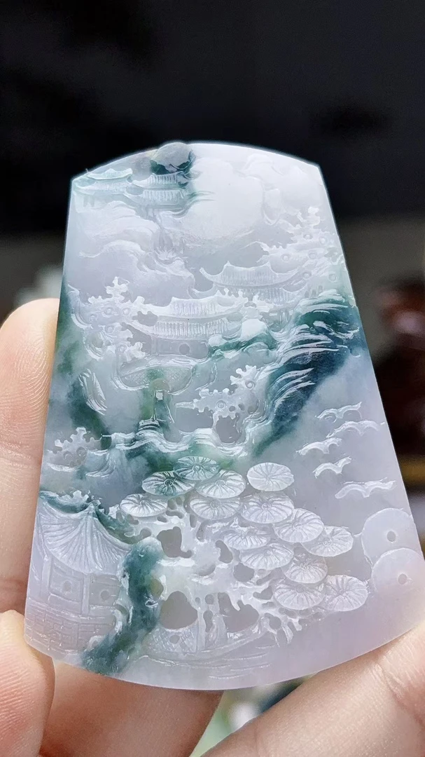 天然缅甸翡翠冰胶飘绿花山水牌毛货买断需抛光尺寸70-47-6.3