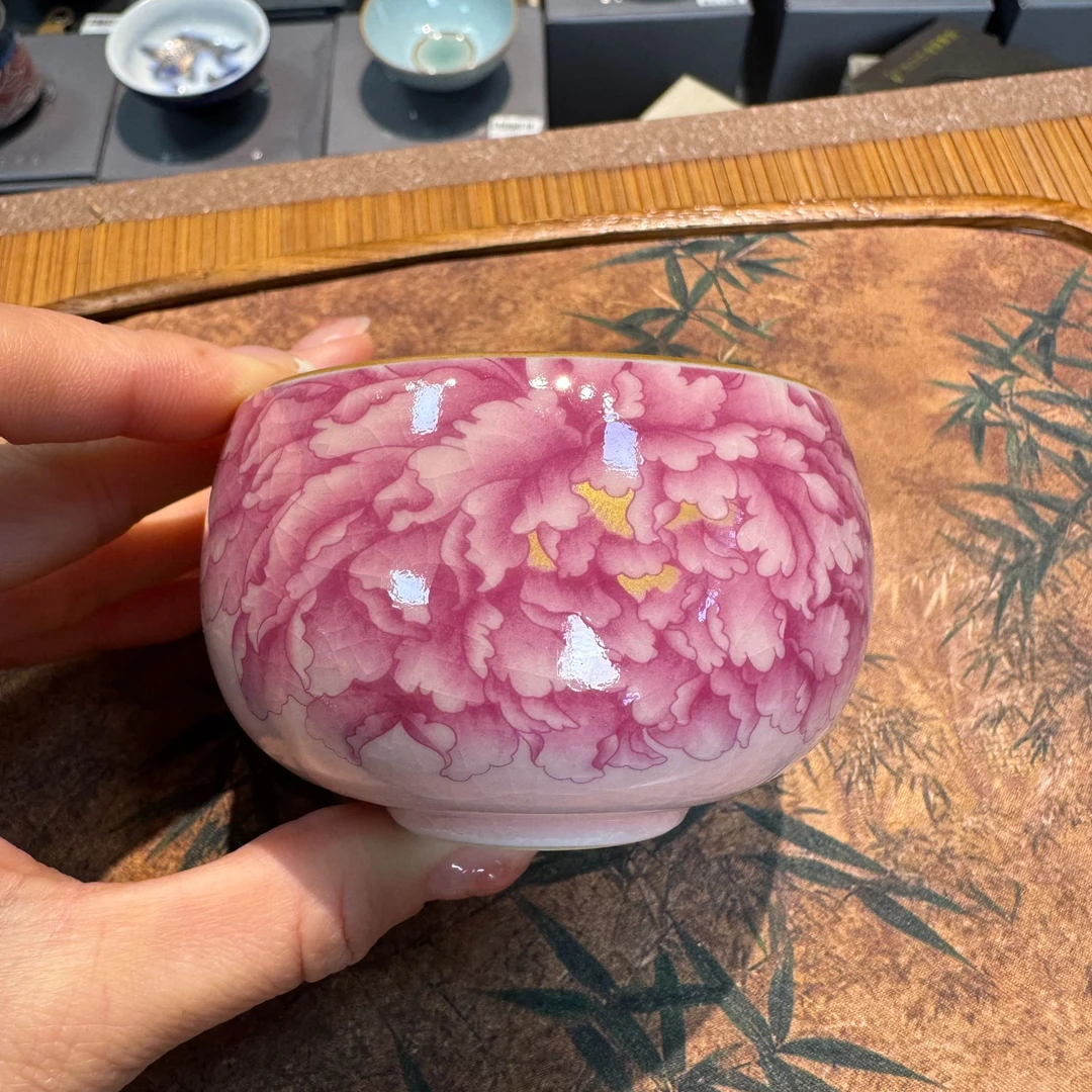 福利 粉汝开片牡丹描金禅定杯家用高端女主人杯 c0308