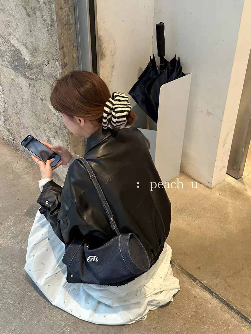 Peach自制 chao级推荐!心头爱~高级复古pu软皮翻领夹克上衣 2451