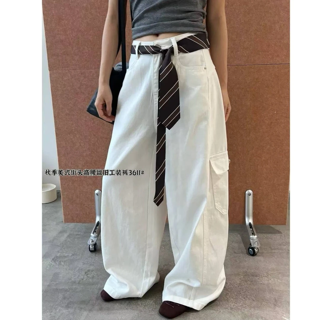 秋季新款美式复古高腰小众设计拖地休闲工装裤3611