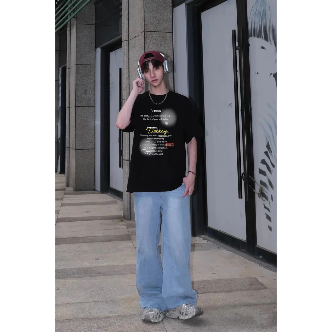 美式ins设计感字母印花短袖男女夏季潮牌休闲百搭纯棉T恤圆领上衣