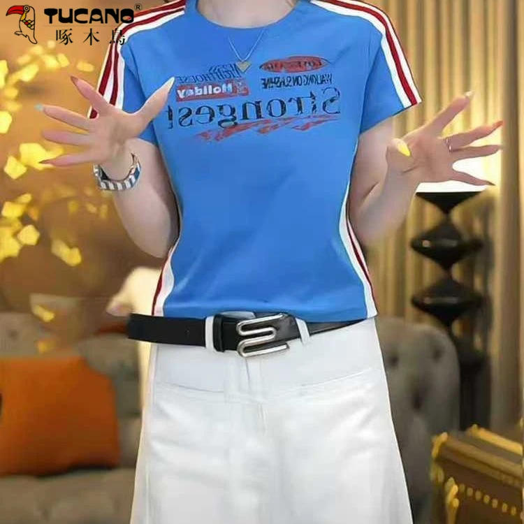 【啄木鸟】女士t恤短袖纯棉夏装新款拼接撞色印花显瘦百搭潮牌上衣