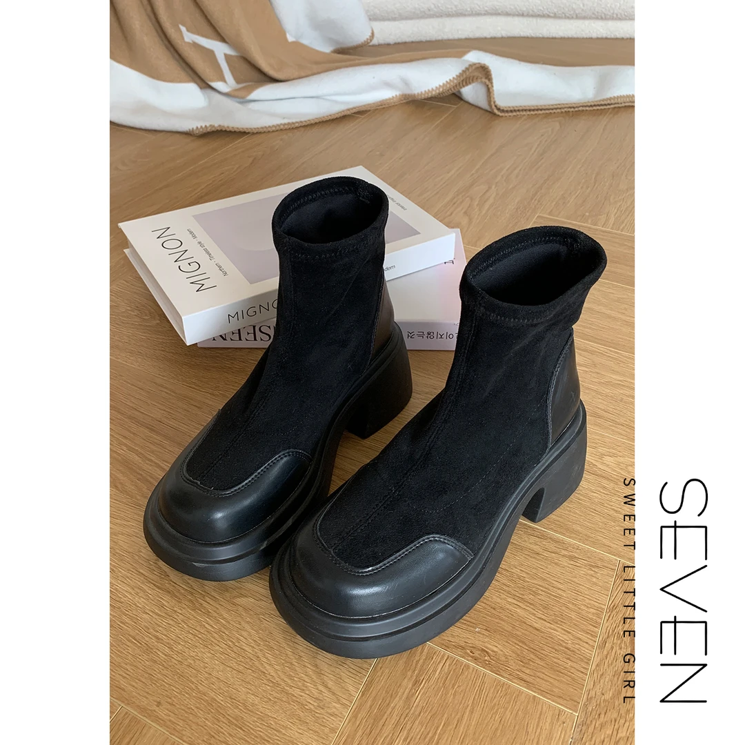 ⑧七七146小个子早秋新款二层牛皮中跟靴子女韩系短靴瘦瘦靴小美说