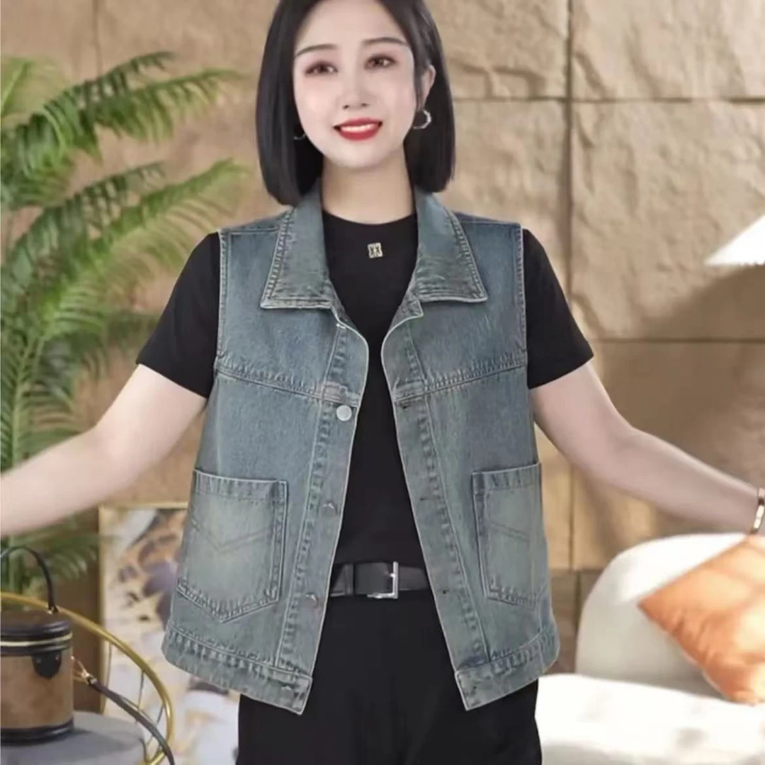 无标新款时尚牛仔马甲上衣女显瘦牛仔色口袋蓝色衬衫领小外套马夹