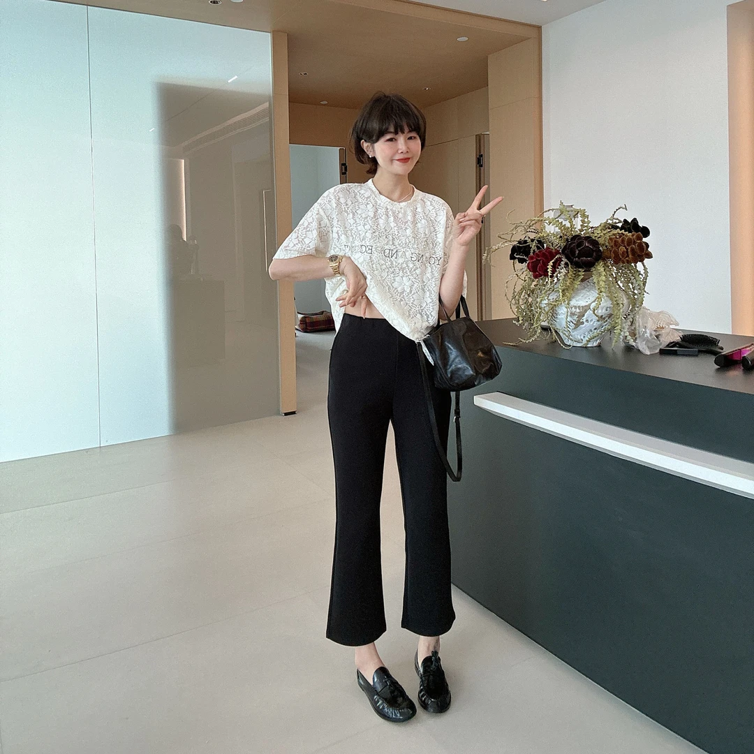 舒适九分裤松紧腰显瘦气质微喇裤