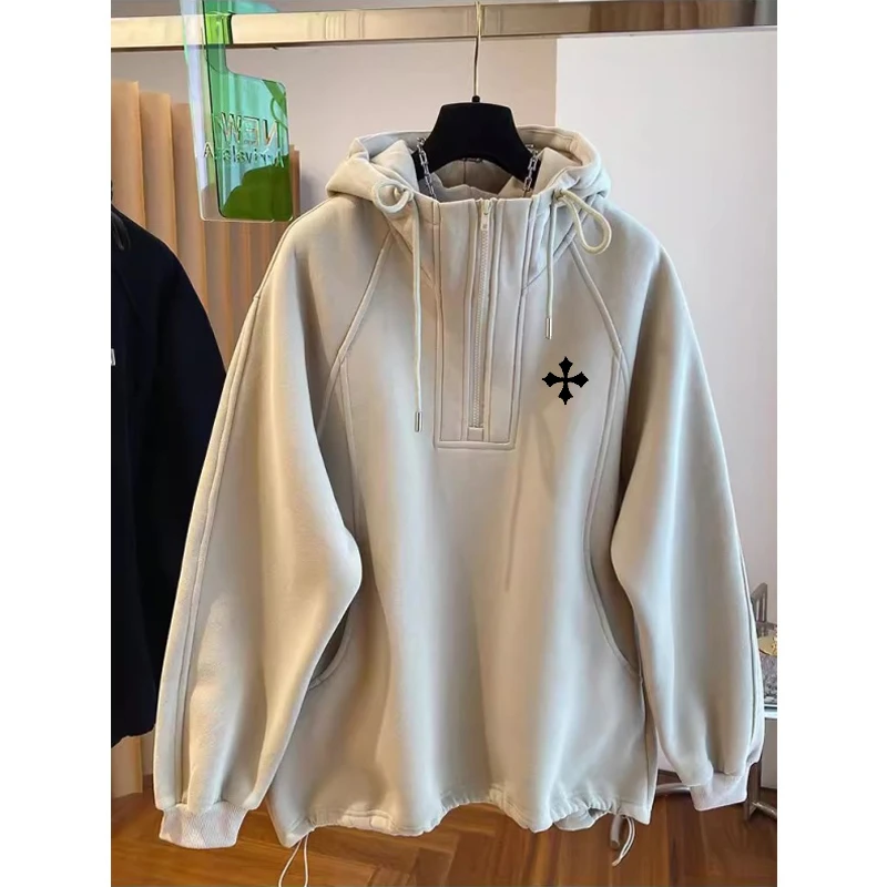 美式300斤加大码复古痞帅半拉链卫衣男女早秋薄款宽松潮酷连帽衫