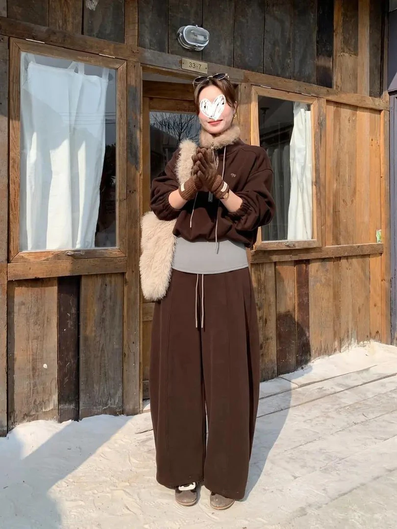 韩版百搭休闲毛领抽绳加绒卫衣松紧腰阔腿裤两件套装