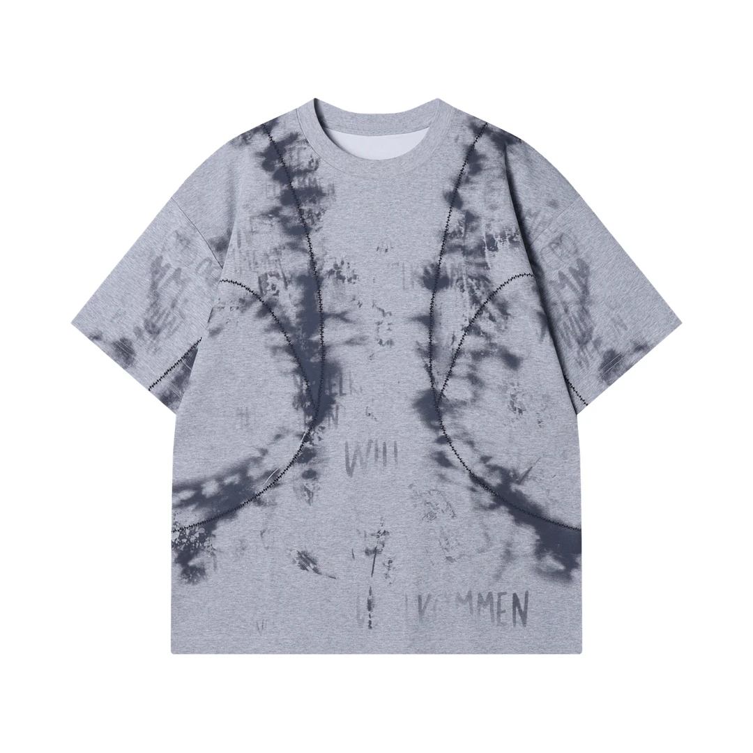 夏季高级感新款重磅美式晕染明线圆领短袖T恤百搭复古宽松套上衣