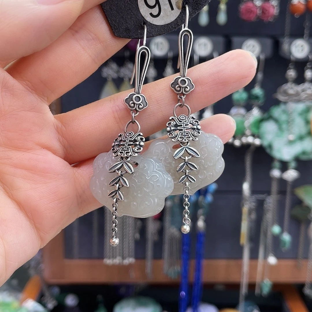 和田玉银S925镶嵌耳饰离**花014gbnhhhh