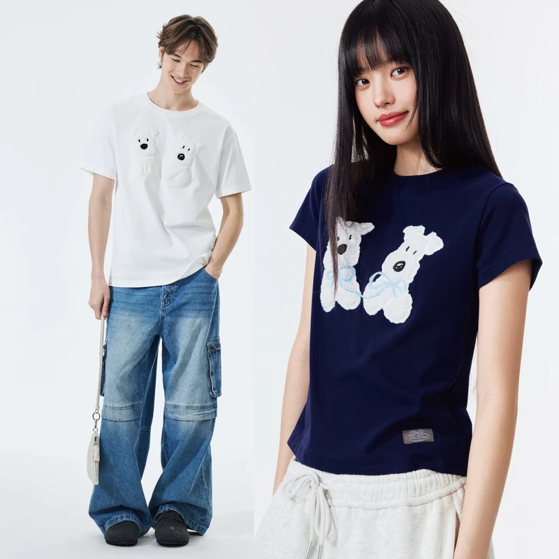 PSOBrand针织可爱贴布绣小狗宽松百搭t恤短袖夏季欧若风T恤TKA126