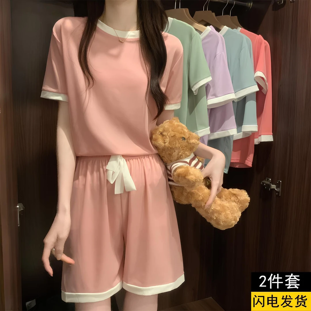 夏季薄款睡衣女夏季冰丝甜美可爱短袖短裤两件套家居服外穿阔腿裤