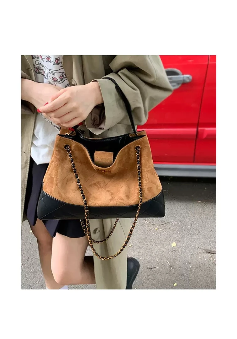 噜噜啦噜 复古高级感拼色法式单肩包大容量包包女士麂皮绒托特包