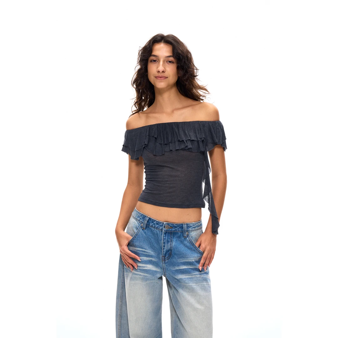 ACOSEY 25SS 双层荷叶边一字领露肩T恤修身短款上衣T9112