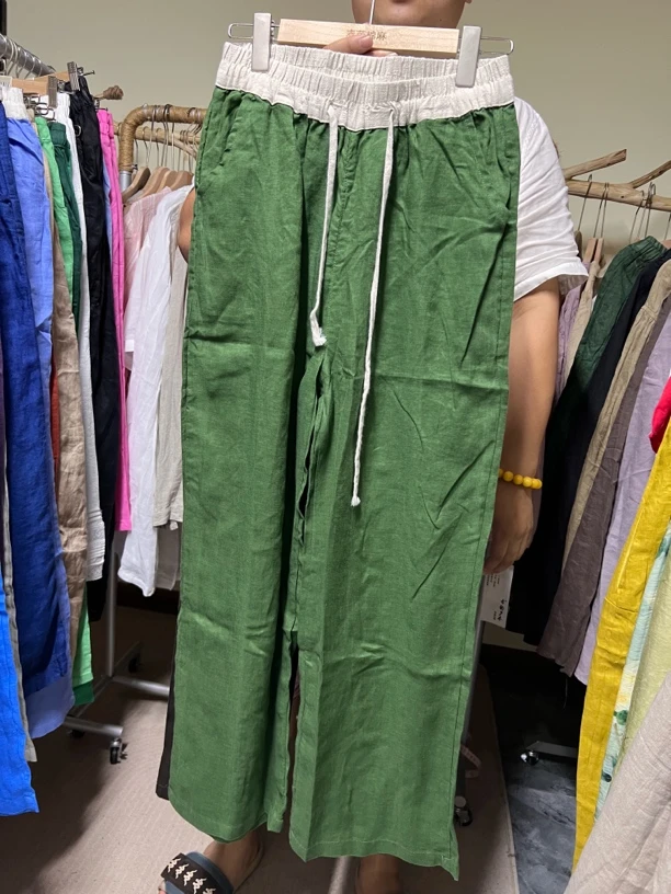 双拼亚麻直筒拖地裤女宽松显瘦百搭长裤