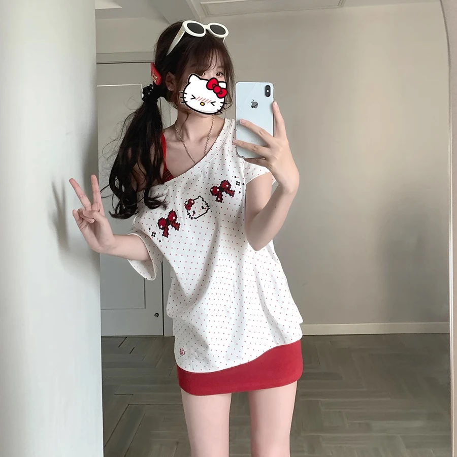 日系甜美波点kitty猫蝴蝶结正肩短袖t恤女夏季辣妹显瘦上衣潮