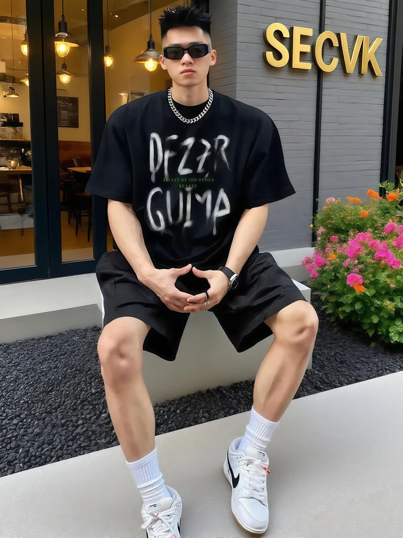 美式复古痞帅纯棉正肩T恤男款潮牌高街hiphop夏季重磅宽松上衣ins