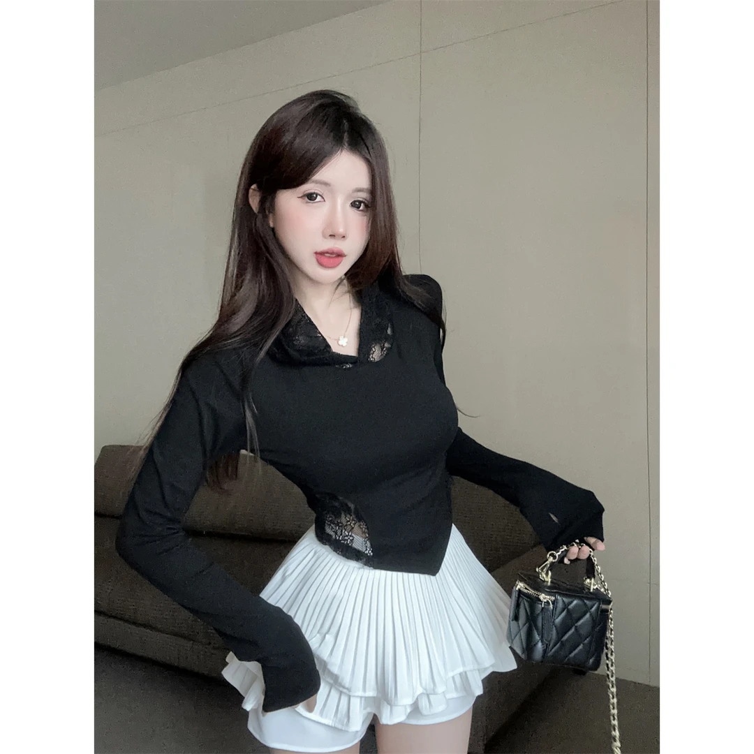 纯欲蕾丝露背拼接连帽长袖辣妹喇叭袖打底衫上衣女蕾丝长袖洋气