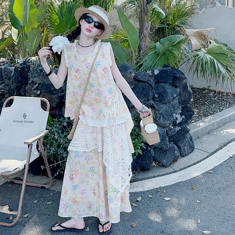 【毛妈潮牌】女童夏季波西米亚碎花裙套装2025中大童气质法式两件套