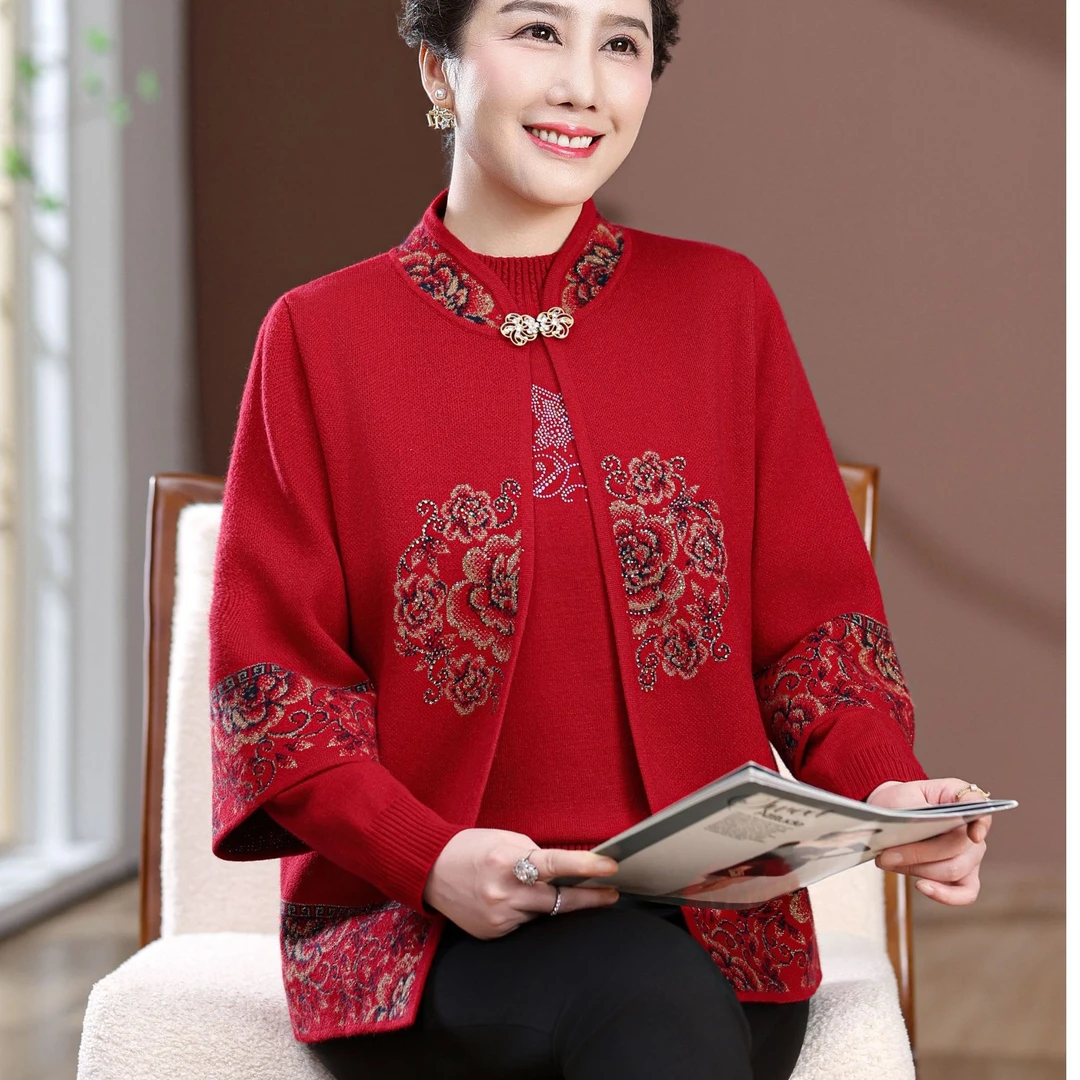 中老年人秋冬女妈妈新款两件套装奶奶新年中式红色毛衣针织衫外套