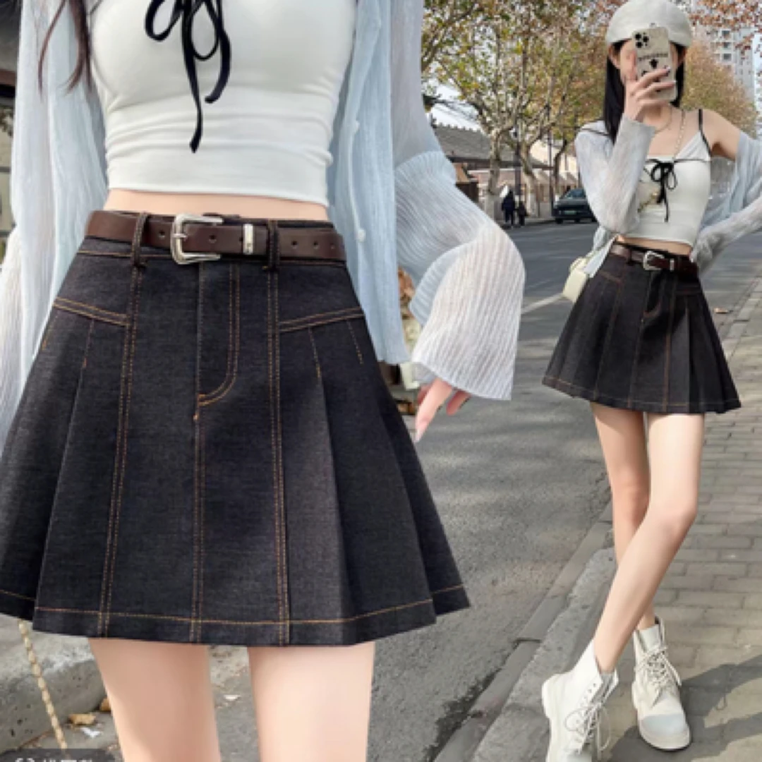 2229#【裙长42】复古牛仔半身百褶裙女高腰显瘦小个子a字短裙