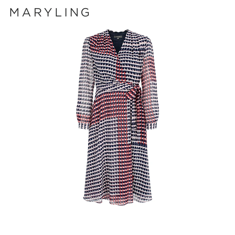 MARYLING玛俪琳2025初春新品一片式系带V领印花连衣裙A1FAW61500
