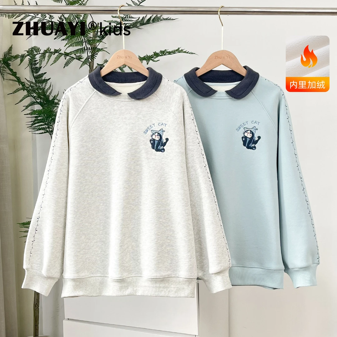 女童卫衣加绒冬装2025新款洋气翻领加厚保暖儿童上衣（25403338）1