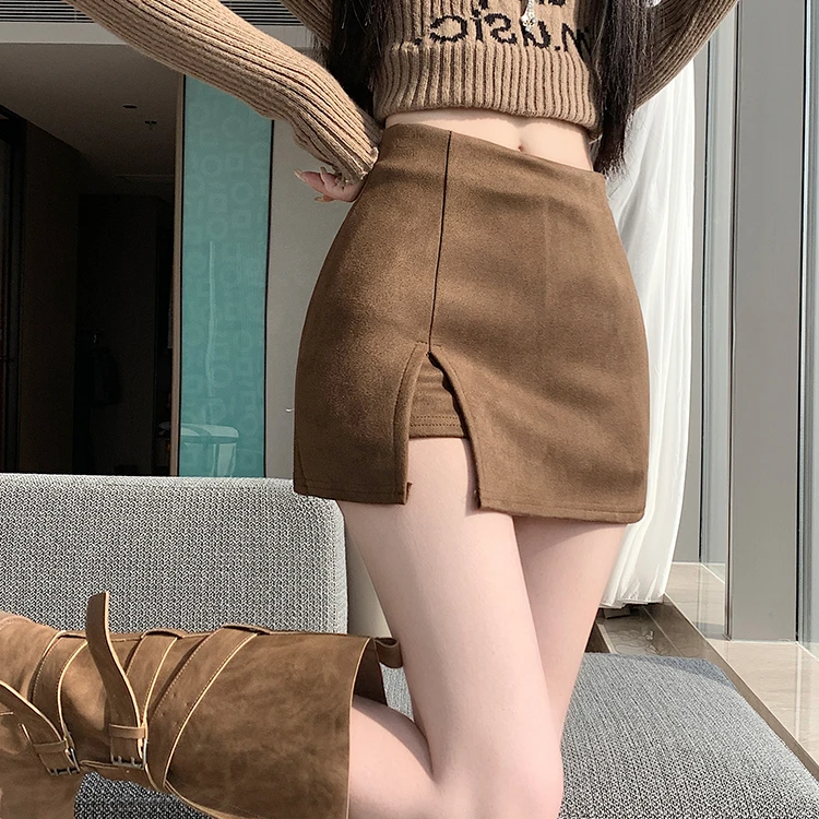美拉德卡其棕色鹿皮绒半裙女秋冬辣妹超好看侧开叉紧身包臀短裙裤