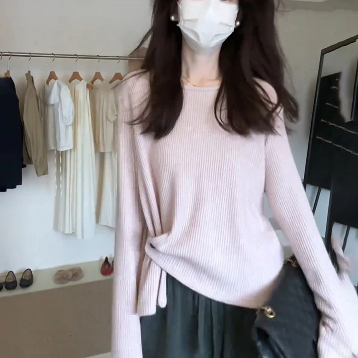 庄不腻秋冬新款绘莉设计感长袖华夫格百搭宽松套头纯色上衣显瘦