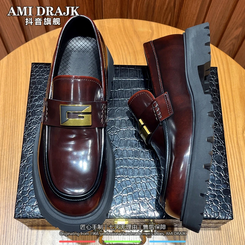 AMI DRAJK乐福鞋男夏季亮皮方头商务休闲皮鞋手工真皮一脚蹬厚底