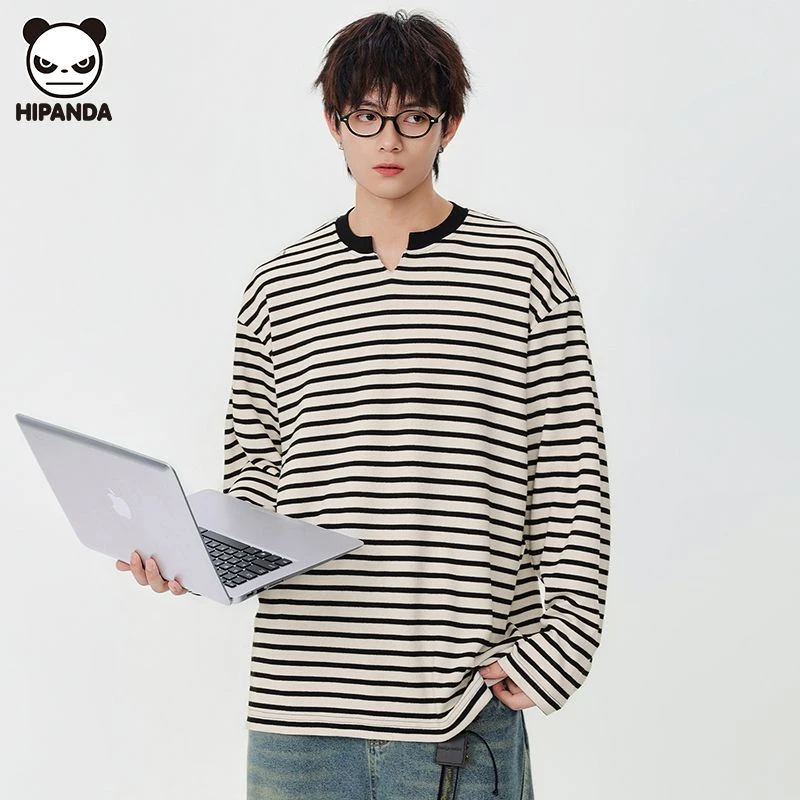 Hi Panda长袖T恤男装商务文艺小V领秋季宽松日系条纹休闲打底上衣