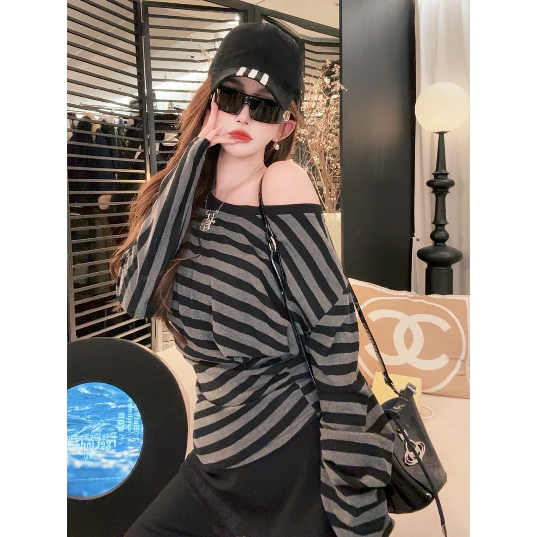 GUIDI GUDI【核子危机】黄加蓝条纹长袖套头宽松百搭T恤 T9510590H