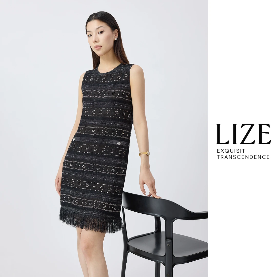 LIZE「璀璨」意大利银丝编织手工钉珠重磅垂感小香风流苏背心连衣裙
